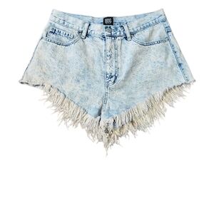 BDG Women's High Rise Cheeky Acid Wash Blue Jean Shorts with Frayed Hem Size 31